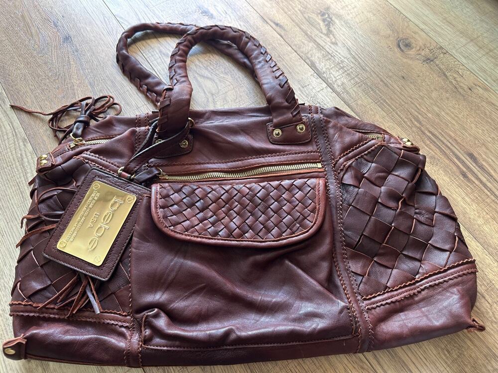 Bebe Lg Brown Leather Double Handle Bag Chunky Gold Hardware Boho Chic EUC